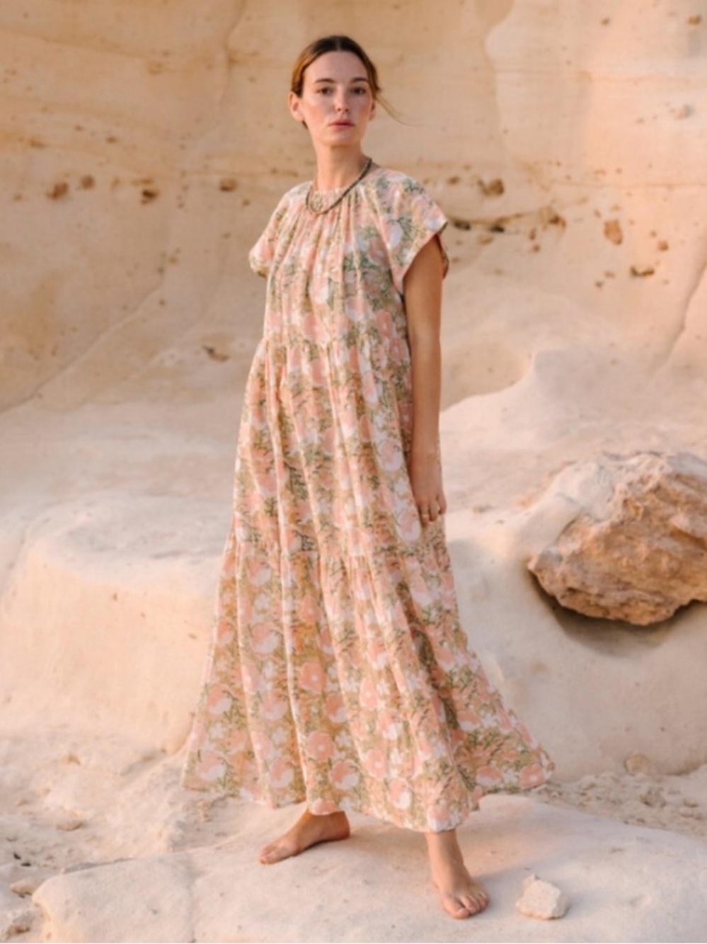Mirth Vienna Floral Tiered Maxi Dress Snapdragon Bloom Pink Green Small